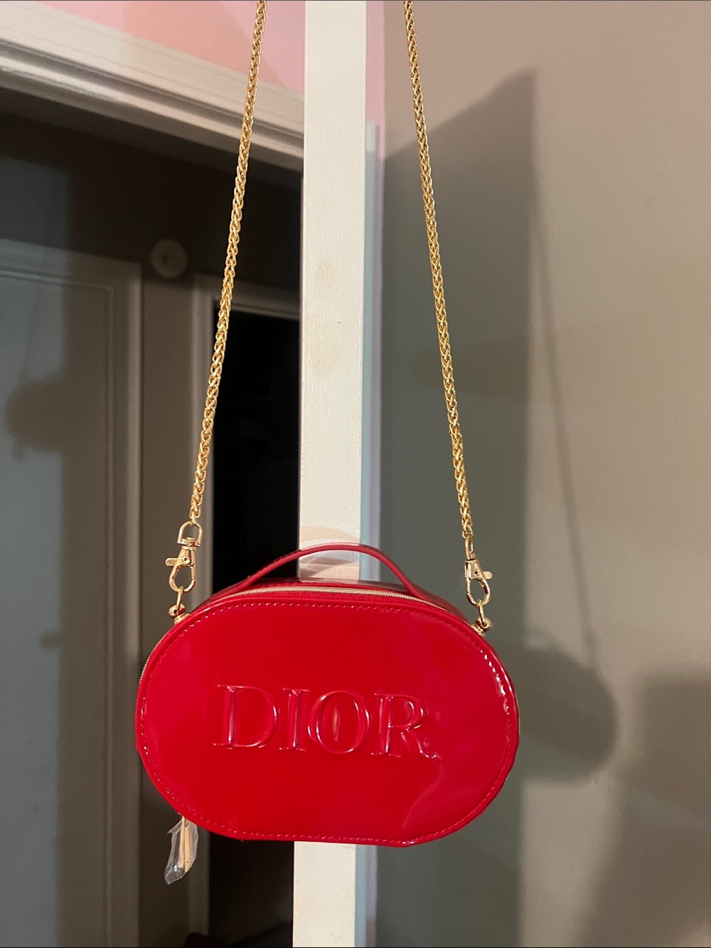 Dior Red Oval Crossbody with Gold Chain Strap